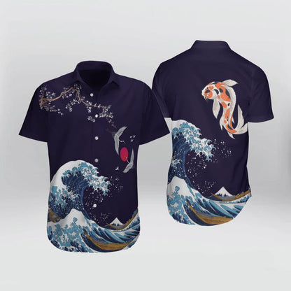 Japanese Waves Crane Koi Fish Pattern Hawaiian Shirt,Hawaiian Shirt Gift, Christmas Gift