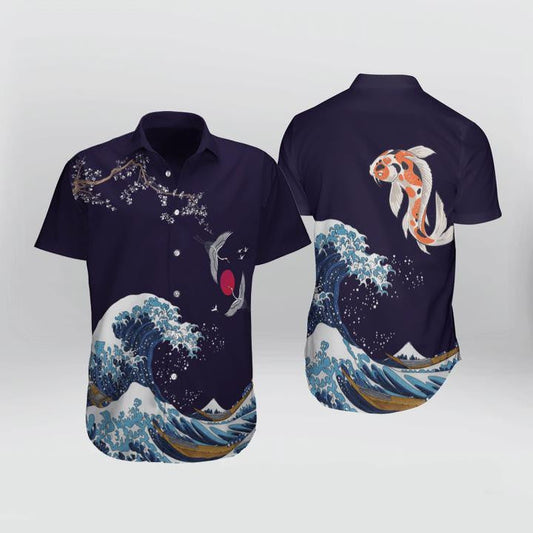 Japanese Waves Crane Koi Fish Pattern Hawaiian Shirt,Hawaiian Shirt Gift, Christmas Gift
