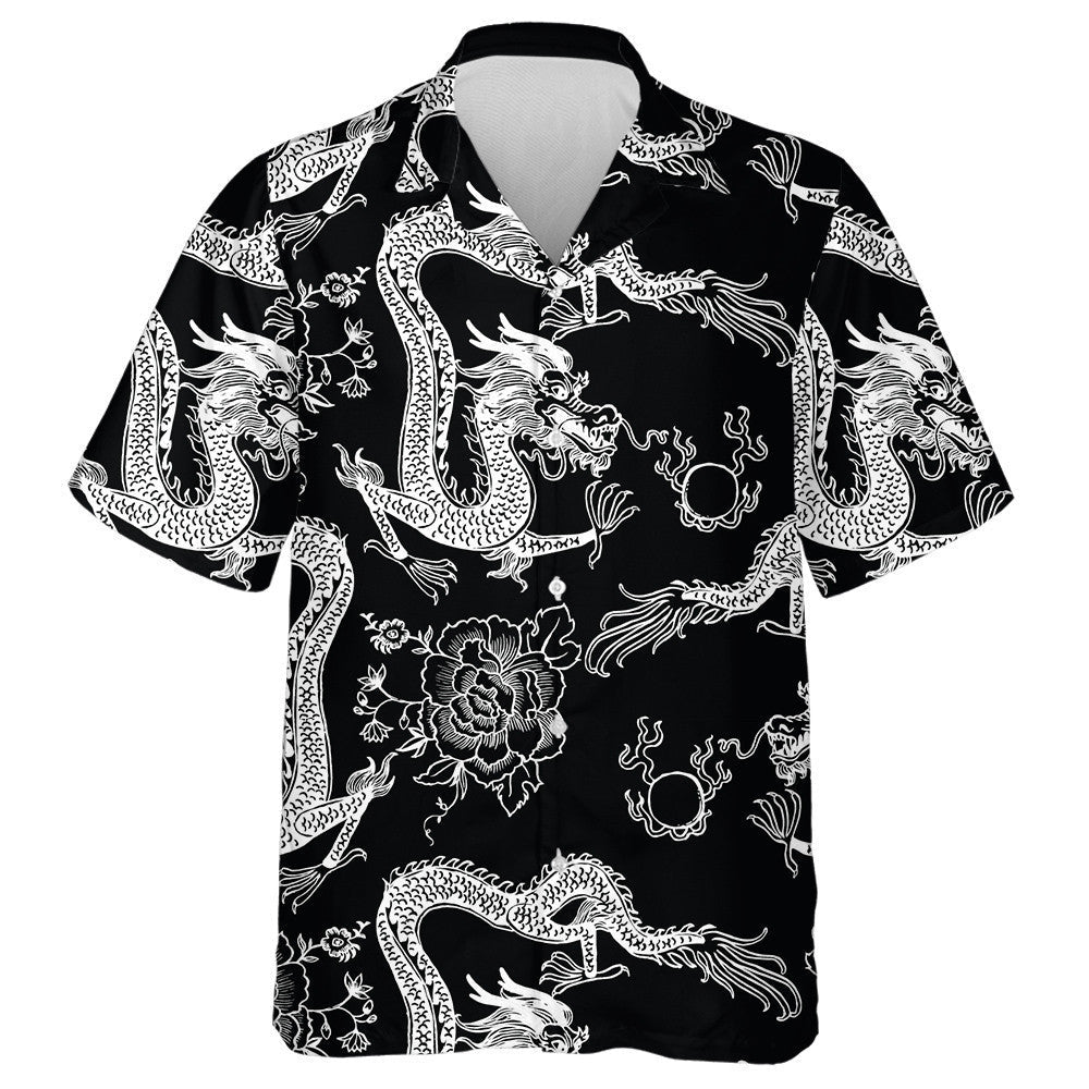 Dúigh Vintage Álainn Léine Dragon Dubh Agus Bán Haváís Síneach, Bronntanas Léine Haváíais, Bronntanas Nollag