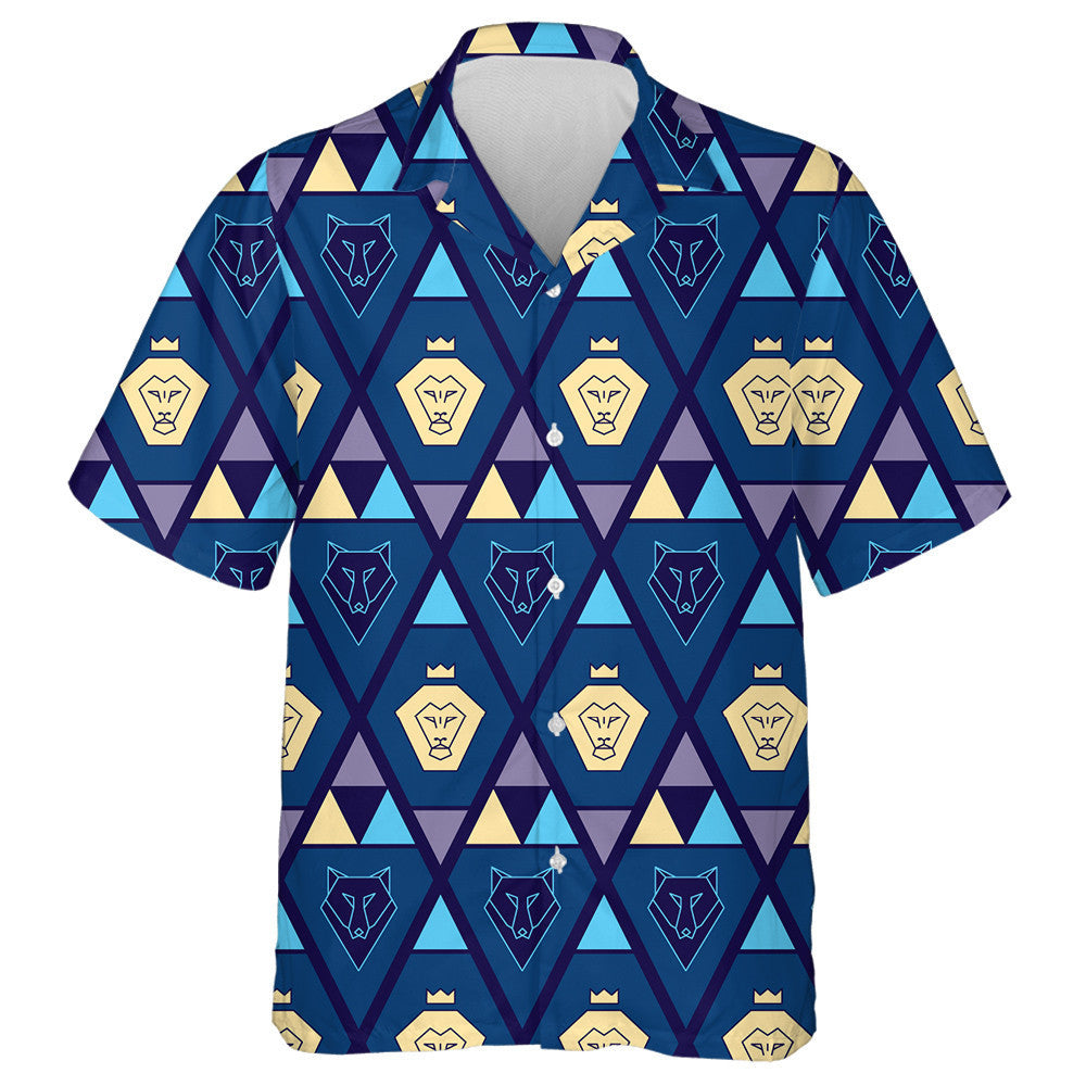 Geometric With Lion And Wolf In Tribal Style Hawaiian Shirt, Hawaiian Shirt Gift, Christmas Gift