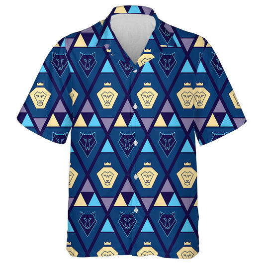 Geometric With Lion And Wolf In Tribal Style Hawaiian Shirt, Hawaiian Shirt Gift, Christmas Gift
