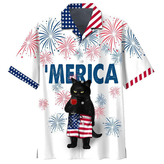 Black Cat Drink Wine Design Hawaiian Shirt, Hawaiian For Gift