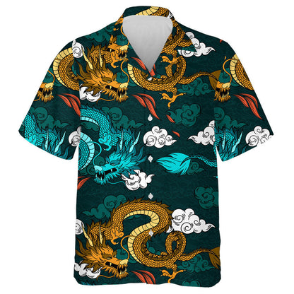 Vintage Chinese Dragon And Clouds On Green Hawaiian Shirt, Hawaiian Shirt Gift, Christmas Gift