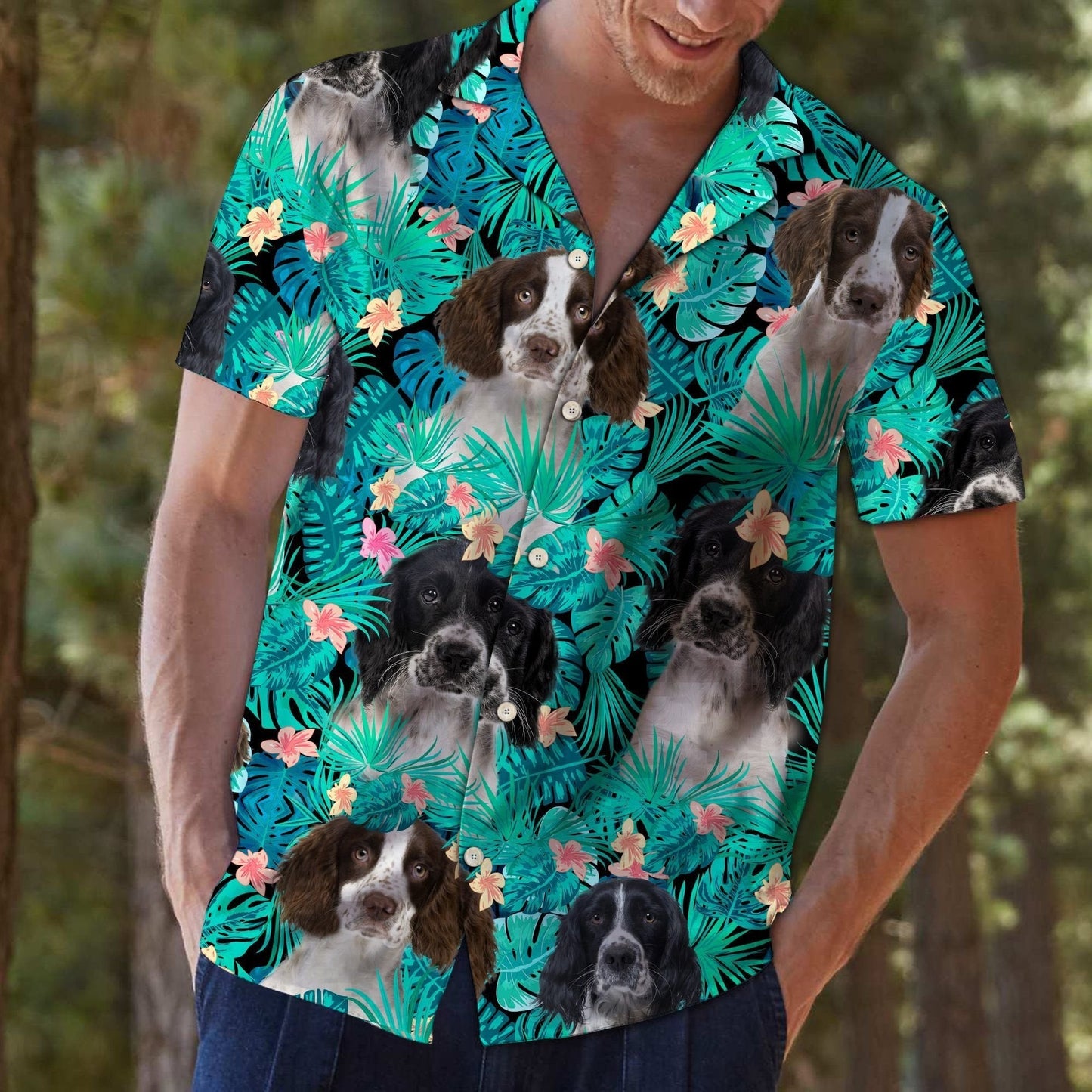 English Springer Spaniel Tropical Mix Light Blue Leaves Hawaiian Shirt, Hawaiian Shirt Gift, Christmas Gift