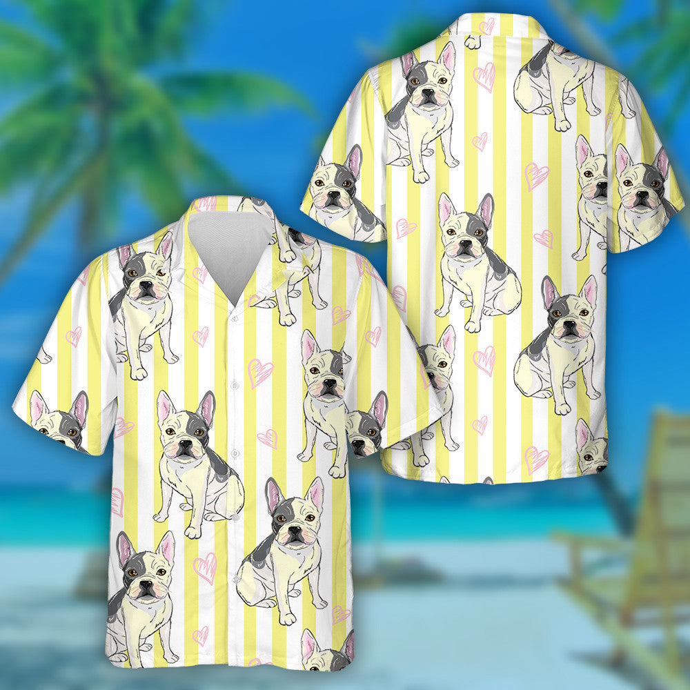 Hand Draw Bulldog Heart On Yellow Stripe Hawaiian Shirt, Hawaiian Shirt Gift, Christmas Gift