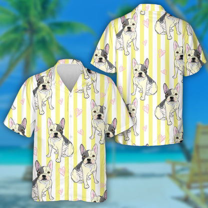Hand Draw Bulldog Heart On Yellow Stripe Hawaiian Shirt, Hawaiian Shirt Gift, Christmas Gift