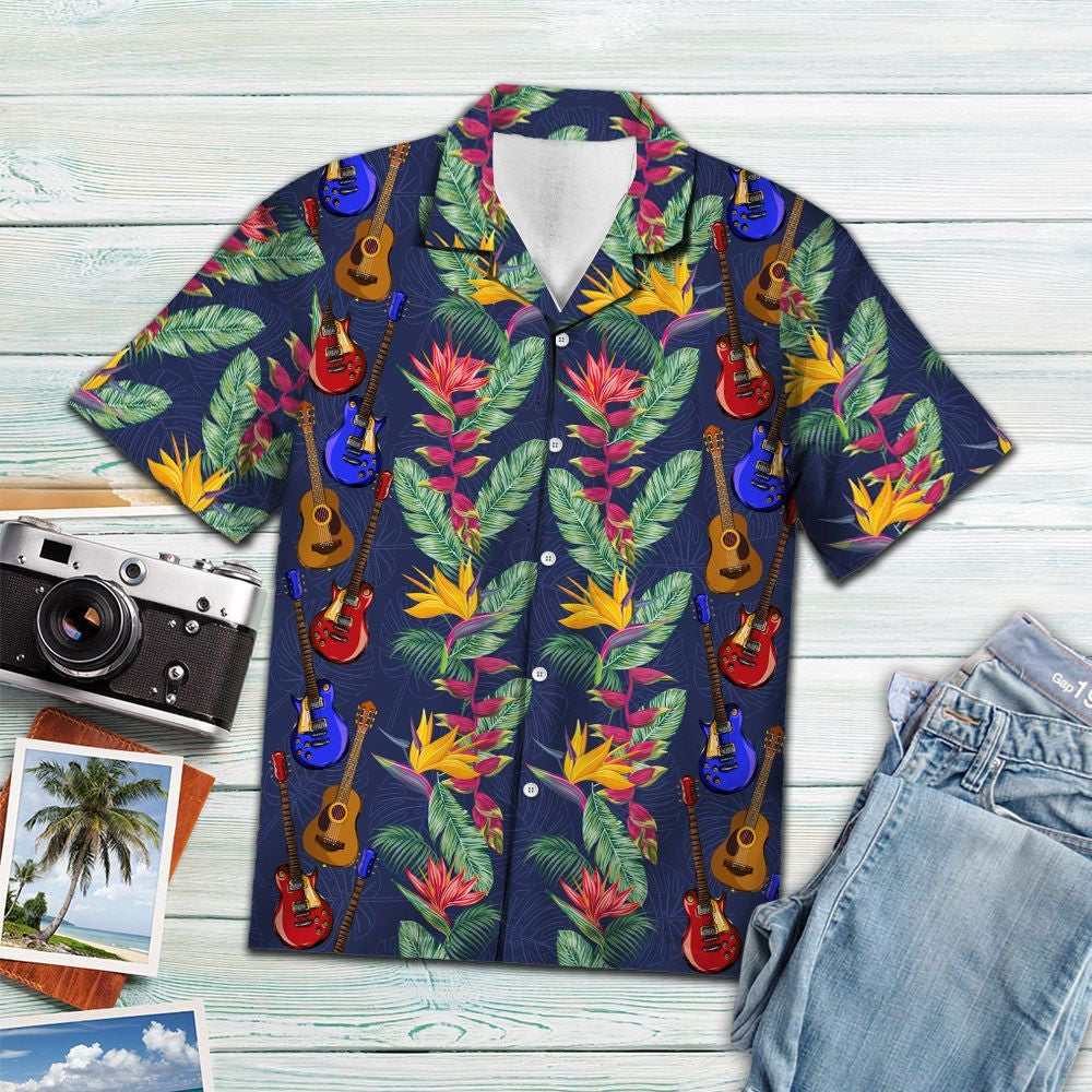 Colored Guitar With Paradise Flowers Hawaiian Shirt, Hawaiian For Gift