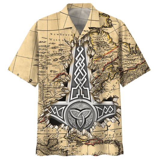 Viking On Cream Background Pattern Hawaiian Shirt, Hwaiian For Gift