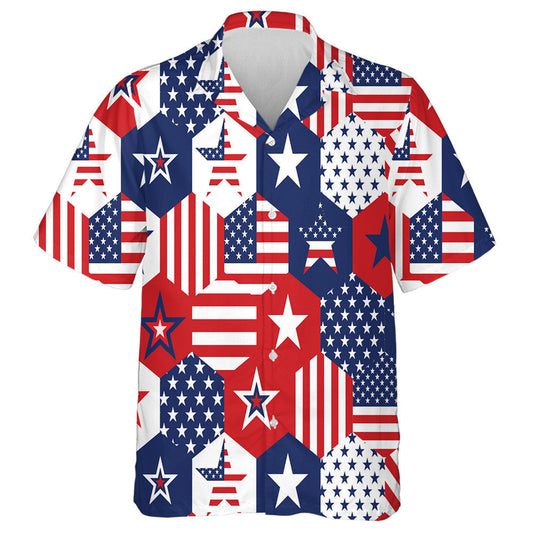 Hexagon Shaped With Patriotic Stars Pattern Hawaiian Shirt, Hawaiian For Gift