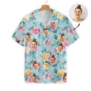 Watercolor Pink And Yellow Roses Custom Photo Hawaiian Shirt, Hwaiian For Gift