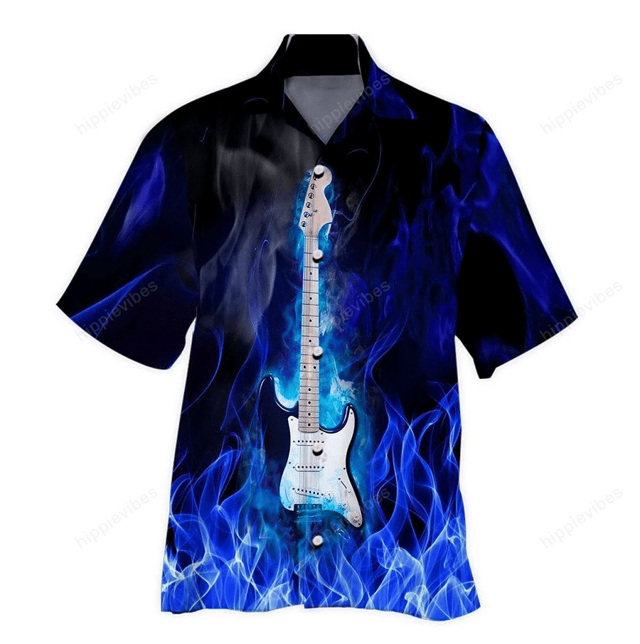Incredible Dark Bule Fire Electric Guitar Design Hawaiian Shirt, Hawaiian Shirt Gift, Christmas Gift