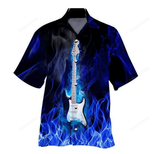 Incredible Dark Bule Fire Electric Guitar Design Hawaiian Shirt, Hawaiian Shirt Gift, Christmas Gift