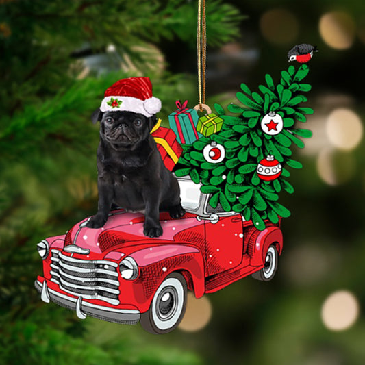 BLACK Pug 1-Pine Truck Hanging Christmas Plastic Hanging Ornament, Christmas Ornament Gift, Christmas Gift, Christmas Decoration