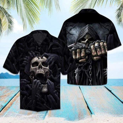 Scary Skeleton Skull Black Cool Halloween Background Hawaiian Shirt, Hawaiian Shirt Gift, Christmas Gift