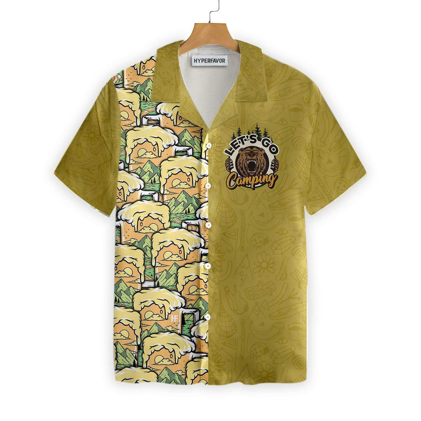 Dearadh Cúlra Olive Léine Haváís Camping Bear Béar Óil, Bronntanas Léine Haváís, Bronntanas Nollag