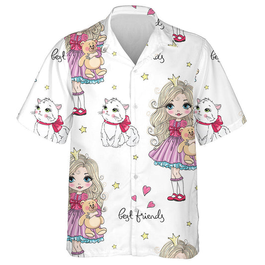 Láimhe Tarraingthe Cailín Gleoite Banphrionsa Beag Agus Léine Haváis Cat, Bronntanas Léine Haváíais, Bronntanas Nollag