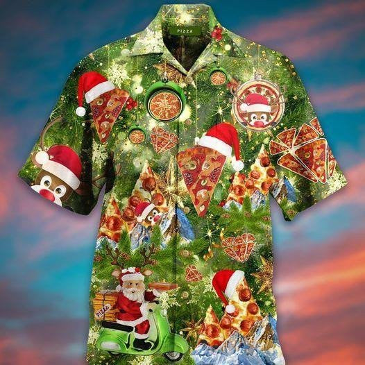 Lovely Santa Pizza Merry Christmas Green Design Hawaiian Shirt, Hawaiian Shirt Gift, Christmas Gift