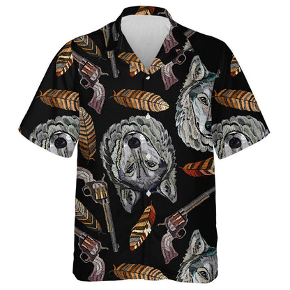Embroidery Head Wolf Feathers And Guns Hawaiian Shirt,Hawaiian Shirt Gift, Christmas Gift
