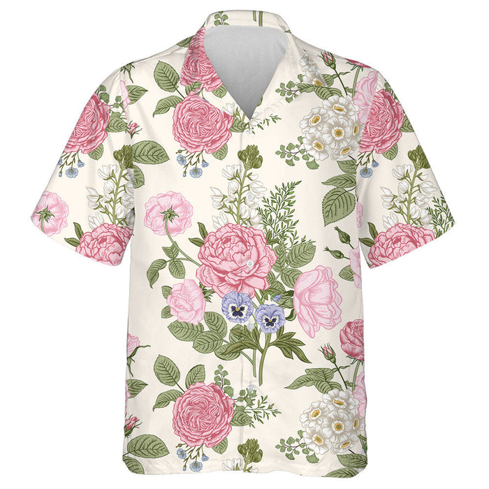 Hand Drawn Pink Rose Blooming Garden Themed Design Hawaiian Shirt, Hawaiian Shirt Gift, Christmas Gift