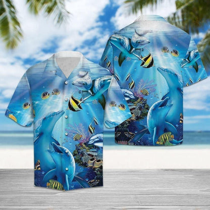 Fish And Dolphin Watercolor Design Hawaiian Shirt,Hawaiian Shirt Gift, Christmas Gift
