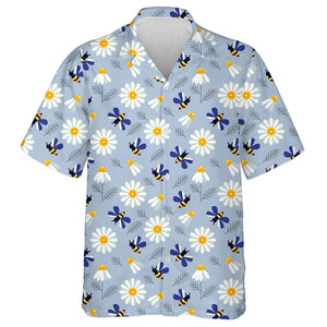 Blue Wing Bees And Chamomile Flowers Hawaiian Shirt, Hawaiian For Gift