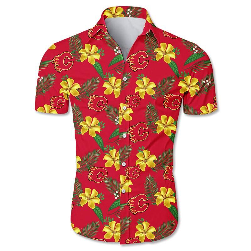 Calgary Flames Hawaiian Aloha Shirt Floral Button Up Slim Fit Body Hawaiian Shorts Beach Short Sleeve_ Hawaiian Shirts -Hawaiian Shirt Gift, Christmas Gift
