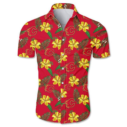 Calgary Flames Hawaiian Aloha Shirt Floral Button Up Slim Fit Body Hawaiian Shorts Beach Short Sleeve_ Hawaiian Shirts -Hawaiian Shirt Gift, Christmas Gift