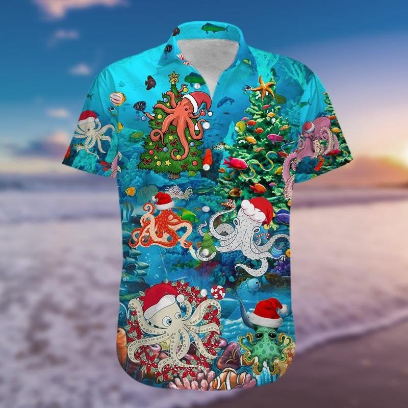 Funny Octopus Santa Christmas Blue Design Hawaiian Shirt, Hawaiian Shirt Gift, Christmas Gift