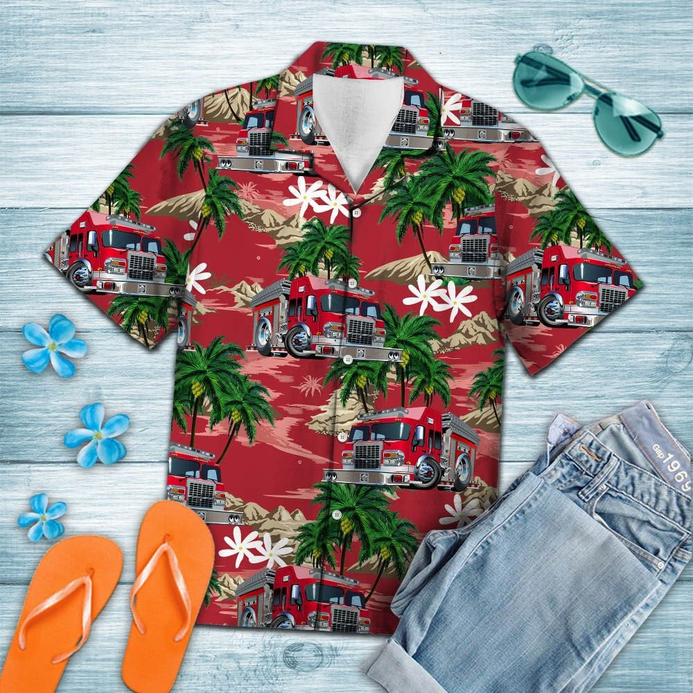Multicolor Firefighter Car Palm Island Pattern Hawaiian Shirt, Hawaiian Shirt Gift, Christmas Gift