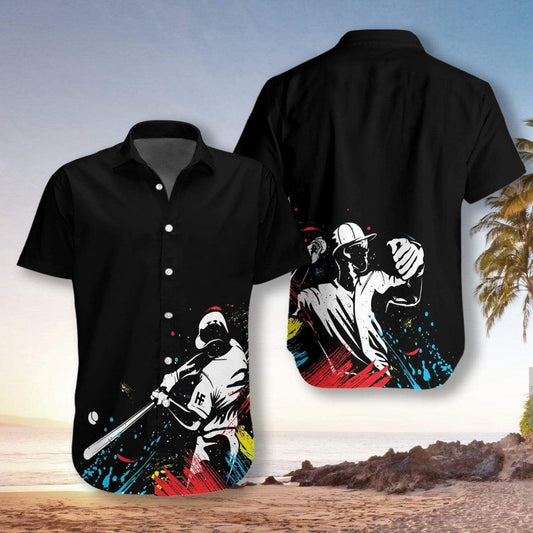 Baseball Player Silhouettes On Paint Black Hawaiian Shirt, Hawaiian For Gift