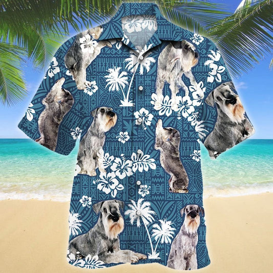 Hibiscus Tropical Caighdeánach Schnauzer Madra Patrún treibhe Gorm Léine Haváís, Bronntanas Léine haváíais, Bronntanas Nollag