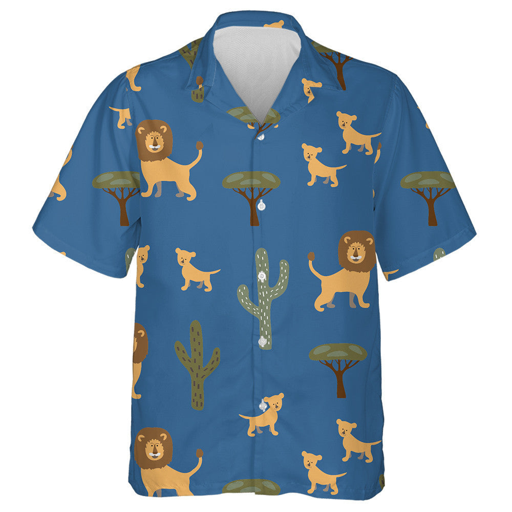 Lions Trees And Cacti On Blue Background Hawaiian Shirt, Hawaiian Shirt Gift, Christmas Gift