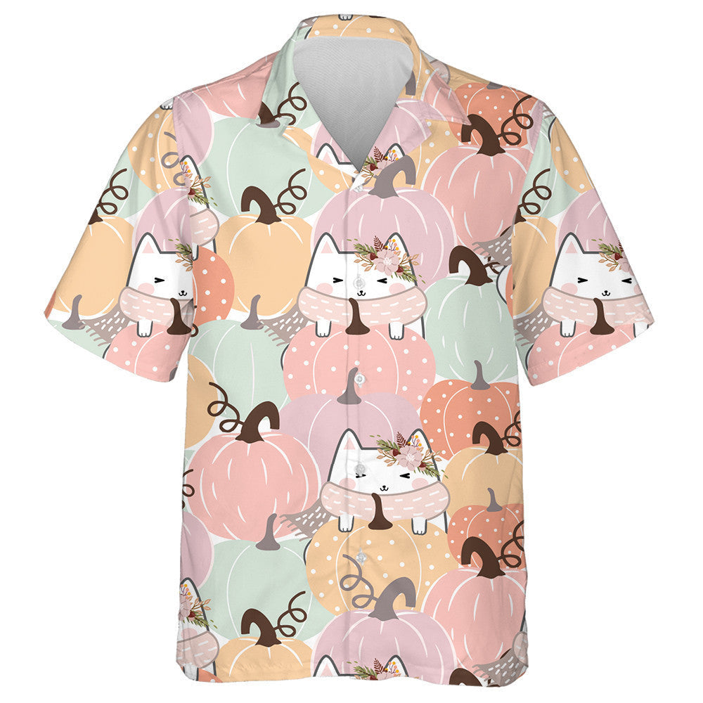 Kawaii Halloween Cat And Flower On White Hawaiian Shirt, Hawaiian Shirt Gift, Christmas Gift