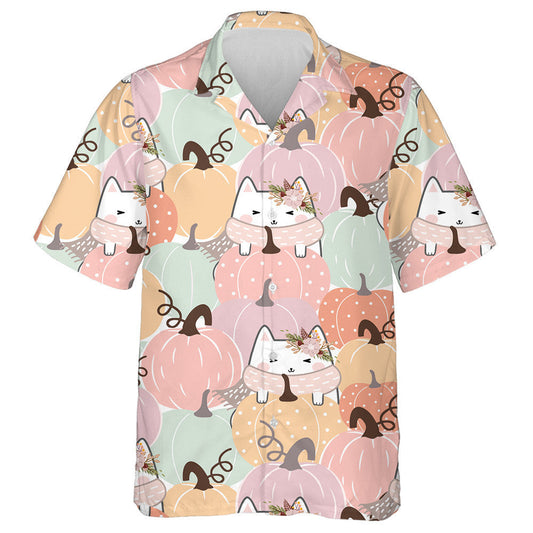 Kawaii Halloween Cat And Flower On White Hawaiian Shirt, Hawaiian Shirt Gift, Christmas Gift