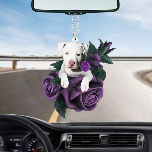 Staffordshire Bull Terrier In Purple Rose Car Hanging Ornament, Christmas Decoration