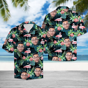 Custom Photo Face Tropical Flamingo And Leaves Pattern Hawaiian Shirt, Hawaiian Shirt Gift, Christmas Gift