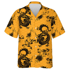 Cool Black Chineses Dragons And Flowers Hawaiian Shirt,Hawaiian Shirt Gift, Christmas Gift