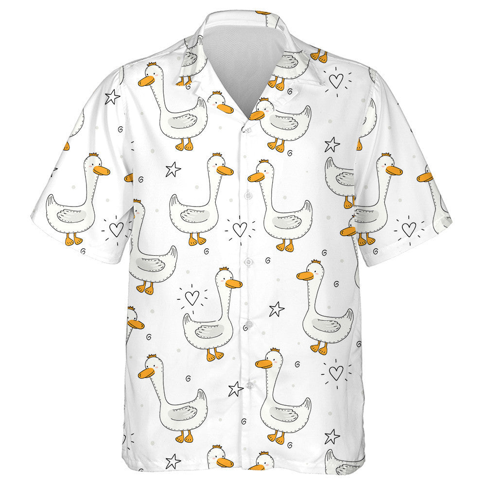 Hand Drawn Cute Couple Ducks On White Hawaiian Shirt, Hawaiian Shirt Gift, Christmas Gift