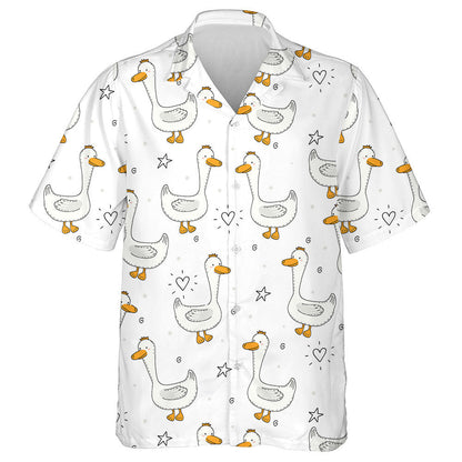 Hand Drawn Cute Couple Ducks On White Hawaiian Shirt, Hawaiian Shirt Gift, Christmas Gift