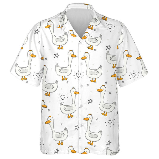 Hand Drawn Cute Couple Ducks On White Hawaiian Shirt, Hawaiian Shirt Gift, Christmas Gift