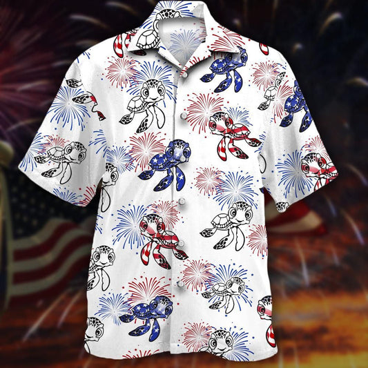 Turtles And Fireworks White Theme Hawaiian Shirt, Hawaiian For Gift