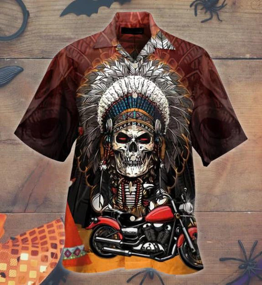 Skull Native Hawaiian Hat Cool Bike Gift For Biker Hawaiian Shirt,Hawaiian Shirt Gift, Christmas Gift