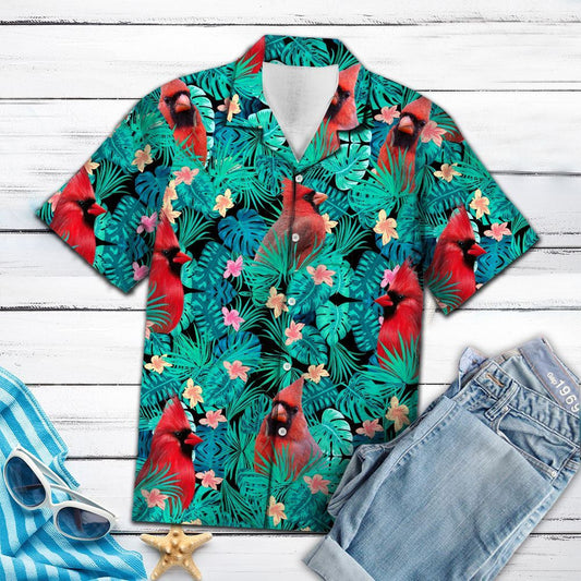 Cardinal Bird Perched On Branch With Plumeria Hawaiian Shirt, Hawaiian Shirt Gift, Christmas Gift