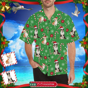 Custom Photo Cute Dog And Candy Cane Merry Christmas Green Hawaiian Shirt, Hawaiian Shirt, Christmas Gift