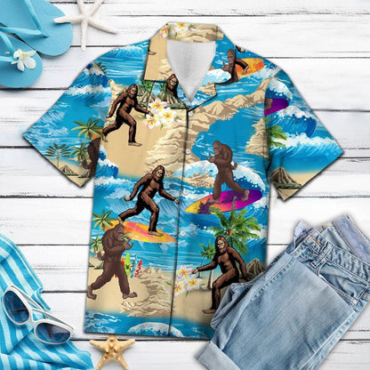 Surfing Bigfoot Summer Vacation Pattern Hawaiian Shirt,Hawaiian Shirt Gift, Christmas Gift