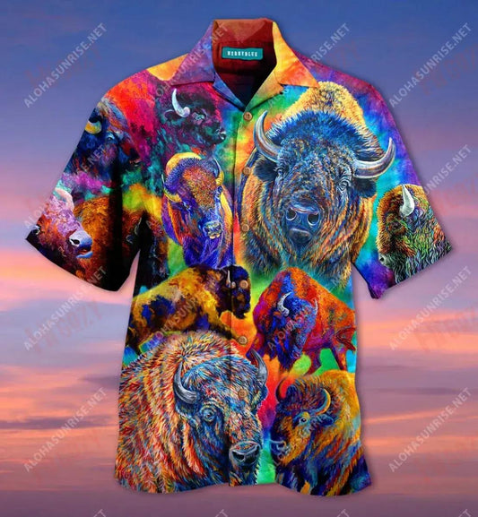 Bisons Colorful Unisex Léine Haváís Caitheamh aimsire Muinchille Gearr Léinte Crazy Léinte haváíais d'Fhir, Bronntanas Léine Haváís, Bronntanas Nollag
