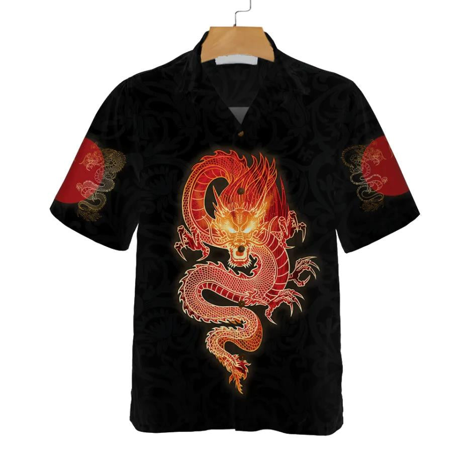 Red Chinese Dragon On Black Themed Hawaiian Shirt,Hawaiian Shirt Gift, Christmas Gift