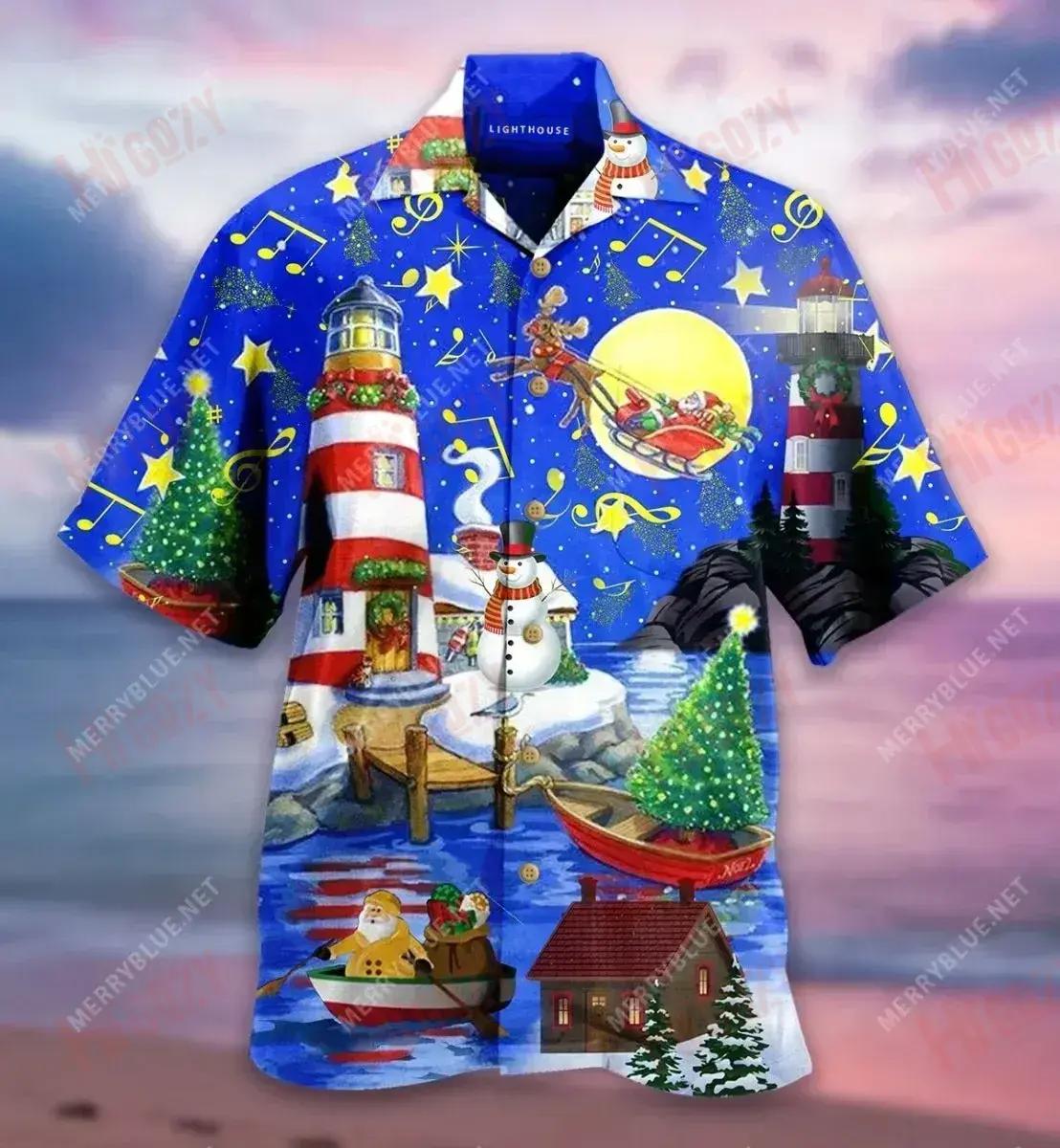 Christmas Lighthouse Short Short Sleeve Shirt Summer Tropical Shirts Custom Hawaiian Shirts Hawaiian Shirts For Men__Hawaiian Shirt Gift, Christmas Gift