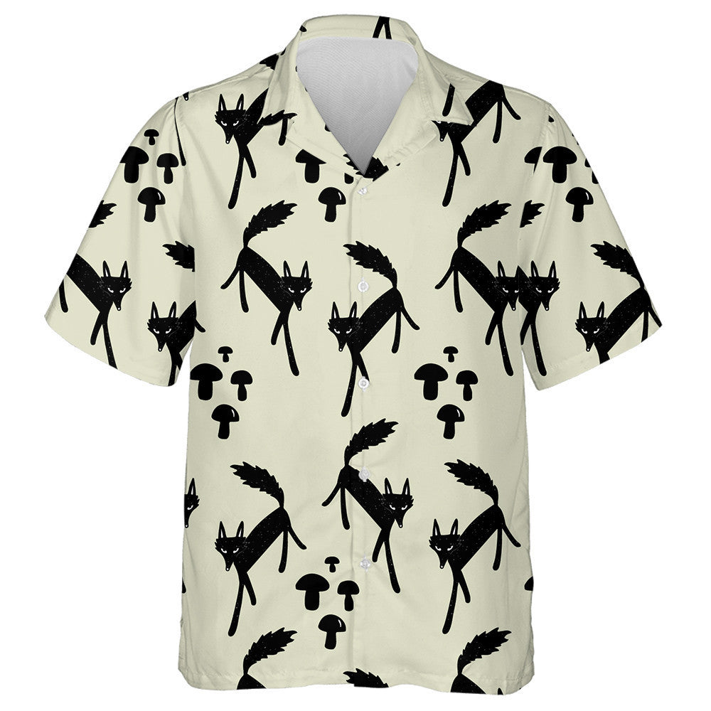 Hand Drawn Wolf And Mushrooms Cartoon Style Hawaiian Shirt, Hawaiian Shirt Gift, Christmas Gift