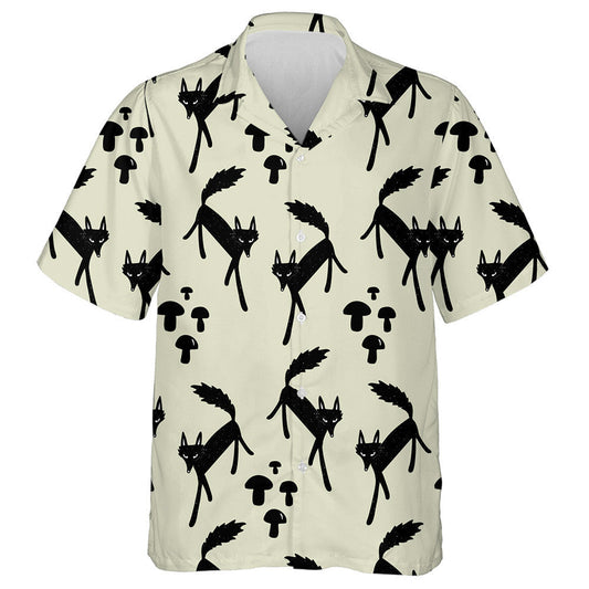 Hand Drawn Wolf And Mushrooms Cartoon Style Hawaiian Shirt, Hawaiian Shirt Gift, Christmas Gift